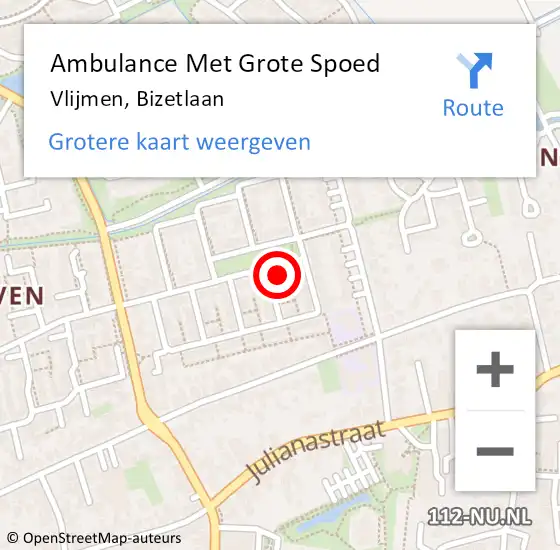 Locatie op kaart van de 112 melding: Ambulance Met Grote Spoed Naar Vlijmen, Bizetlaan op 14 december 2016 12:40