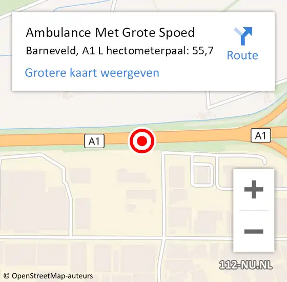 Locatie op kaart van de 112 melding: Ambulance Met Grote Spoed Naar Barneveld, A1 L hectometerpaal: 55,7 op 14 december 2016 18:58