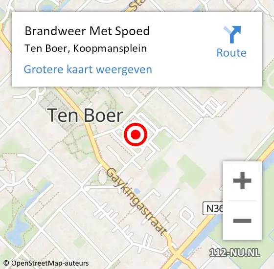 Locatie op kaart van de 112 melding: Brandweer Met Spoed Naar Ten Boer, Koopmansplein op 15 december 2016 07:53