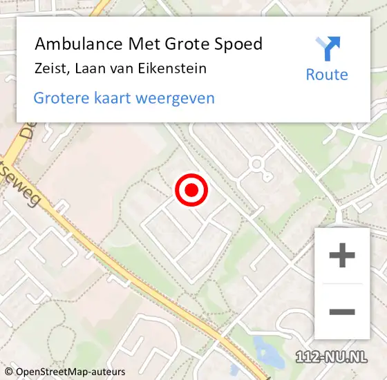 Locatie op kaart van de 112 melding: Ambulance Met Grote Spoed Naar Zeist, Laan van Eikenstein op 15 december 2016 12:48