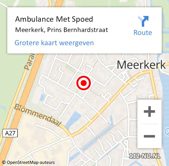 Locatie op kaart van de 112 melding: Ambulance Met Spoed Naar Meerkerk, Prins Bernhardstraat op 17 december 2016 13:28