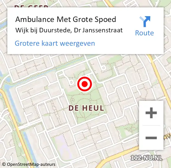 Locatie op kaart van de 112 melding: Ambulance Met Grote Spoed Naar Wijk bij Duurstede, Dr Janssenstraat op 17 december 2016 23:38