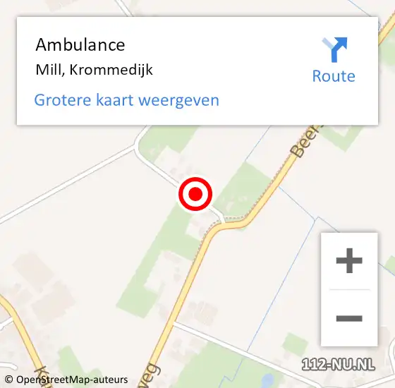 Locatie op kaart van de 112 melding: Ambulance Mill, Krommedijk op 18 december 2016 19:50