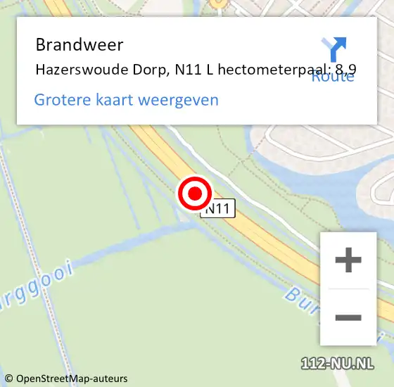 Locatie op kaart van de 112 melding: Brandweer Hazerswoude Dorp, N11 L hectometerpaal: 8,9 op 19 december 2016 07:11