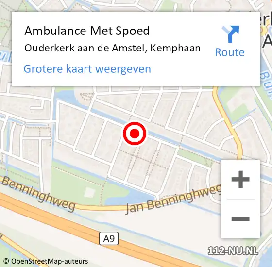 Locatie op kaart van de 112 melding: Ambulance Met Spoed Naar Ouderkerk aan de Amstel, Kemphaan op 20 december 2016 07:53