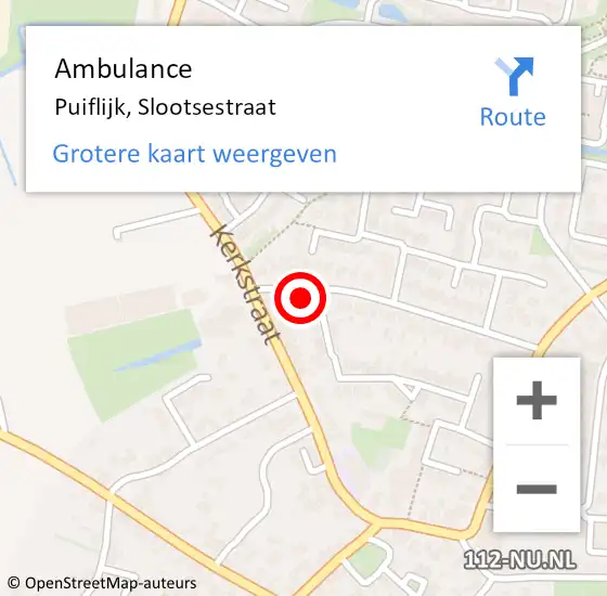 Locatie op kaart van de 112 melding: Ambulance Puiflijk, Slootsestraat op 20 december 2016 09:23