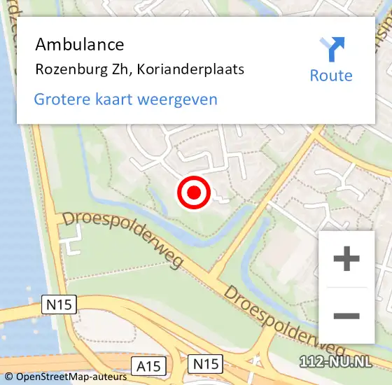 Locatie op kaart van de 112 melding: Ambulance Rozenburg Zh, Korianderplaats op 20 december 2016 16:30