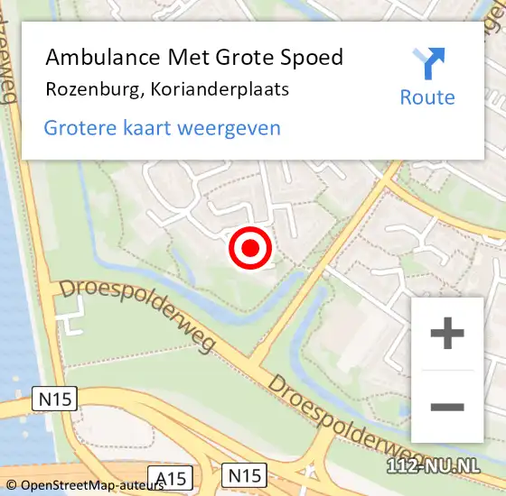 Locatie op kaart van de 112 melding: Ambulance Met Grote Spoed Naar Rozenburg, Korianderplaats op 20 december 2016 16:36