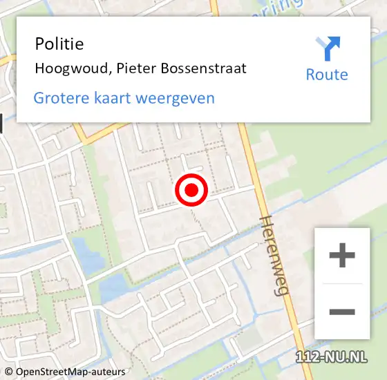 Locatie op kaart van de 112 melding: Politie Hoogwoud, Pieter Bossenstraat op 20 december 2016 18:06