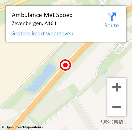 Locatie op kaart van de 112 melding: Ambulance Met Spoed Naar Zevenbergen, A16 L op 20 december 2016 19:07