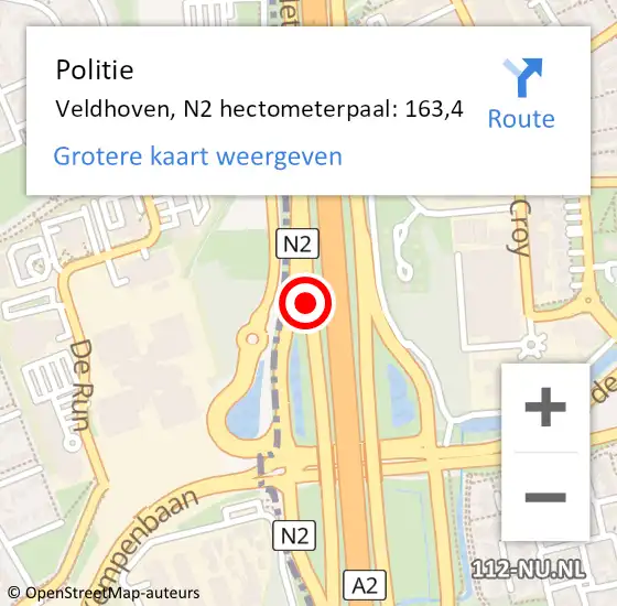 Locatie op kaart van de 112 melding: Politie Veldhoven, N2 hectometerpaal: 163,0 op 22 december 2016 08:31