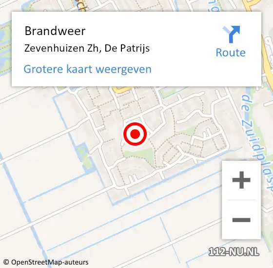 Locatie op kaart van de 112 melding: Brandweer Zevenhuizen Zh, De Patrijs op 24 december 2016 07:34
