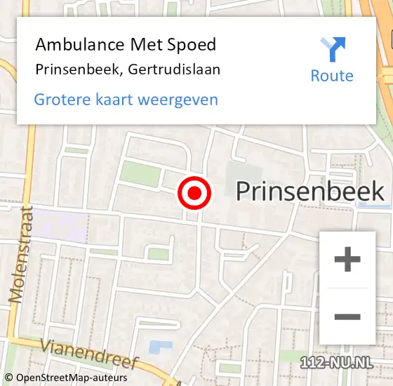 Locatie op kaart van de 112 melding: Ambulance Met Spoed Naar Prinsenbeek, Gertrudislaan op 25 december 2016 08:18