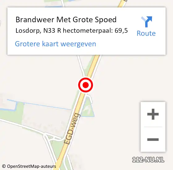 Locatie op kaart van de 112 melding: Brandweer Met Grote Spoed Naar Losdorp, N33 R hectometerpaal: 69,5 op 26 december 2016 10:51