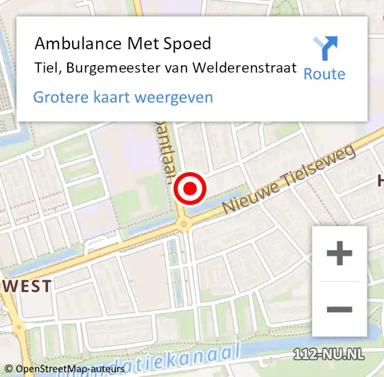 Locatie op kaart van de 112 melding: Ambulance Met Spoed Naar Tiel, Burgemeester van Welderenstraat op 27 december 2016 14:53