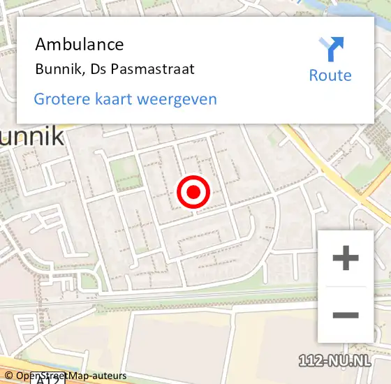 Locatie op kaart van de 112 melding: Ambulance Bunnik, Ds Pasmastraat op 29 december 2016 15:55