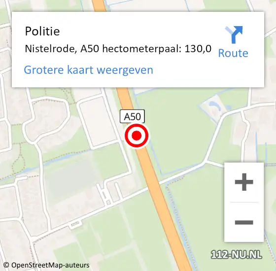 Locatie op kaart van de 112 melding: Politie Nistelrode, A50 hectometerpaal: 130,0 op 31 december 2016 07:03