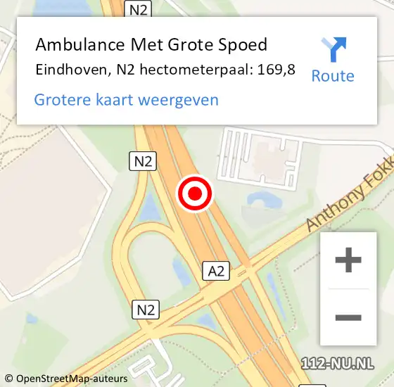 Locatie op kaart van de 112 melding: Ambulance Met Grote Spoed Naar Eindhoven, N2 hectometerpaal: 169,8 op 31 december 2016 08:31