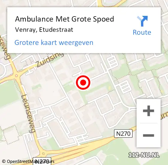 Locatie op kaart van de 112 melding: Ambulance Met Grote Spoed Naar Venray, Etudestraat op 2 januari 2017 22:43