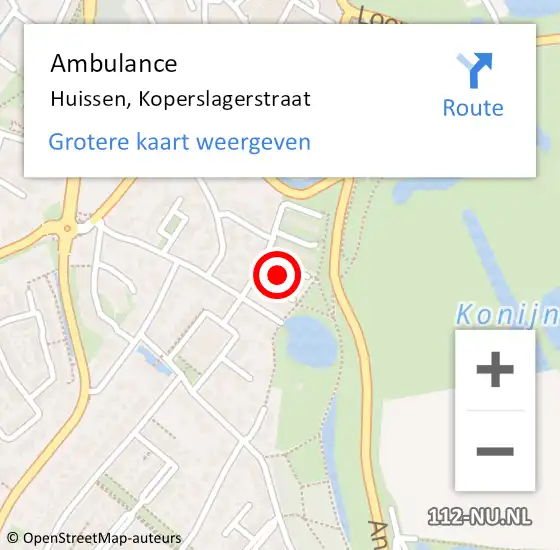 Locatie op kaart van de 112 melding: Ambulance Huissen, Koperslagerstraat op 3 januari 2017 08:27