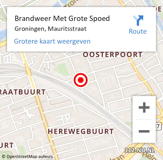 Locatie op kaart van de 112 melding: Brandweer Met Grote Spoed Naar Groningen, Mauritsstraat op 3 januari 2017 21:28