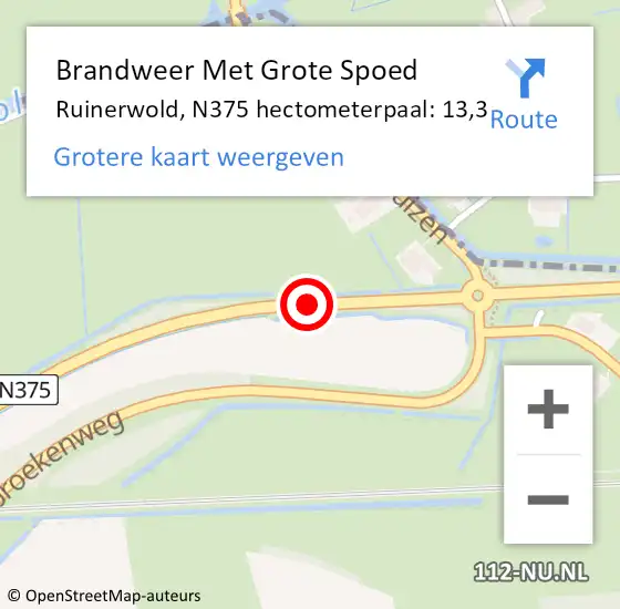 Locatie op kaart van de 112 melding: Brandweer Met Grote Spoed Naar Ruinerwold, N375 hectometerpaal: 13,3 op 4 januari 2017 16:58