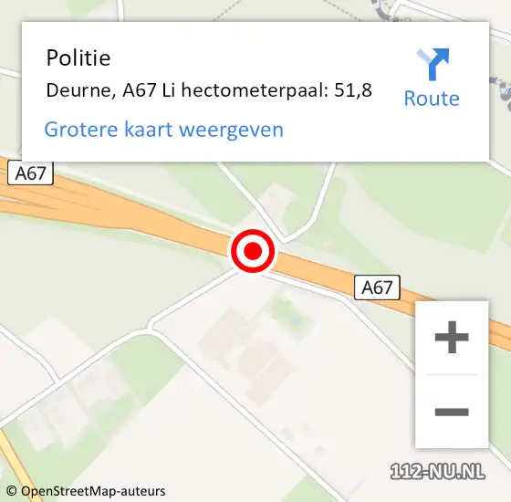 Locatie op kaart van de 112 melding: Politie Deurne, A67 Li hectometerpaal: 6,0 op 7 januari 2017 04:44