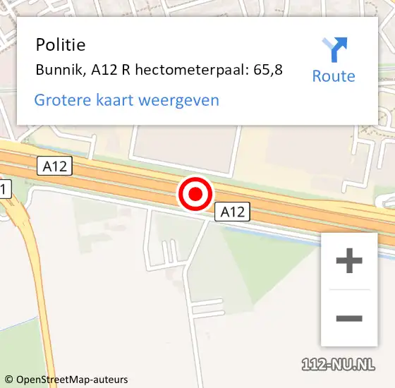 Locatie op kaart van de 112 melding: Politie Bunnik, A12 R hectometerpaal: 67,8 op 7 januari 2017 07:32