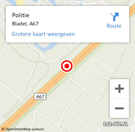 Locatie op kaart van de 112 melding: Politie Bladel, A67 op 7 januari 2017 17:36