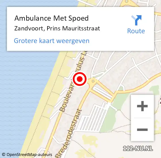 Locatie op kaart van de 112 melding: Ambulance Met Spoed Naar Zandvoort, Prins Mauritsstraat op 7 januari 2017 20:06