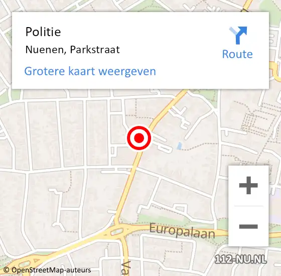 Locatie op kaart van de 112 melding: Politie Nuenen, Parkstraat op 9 januari 2017 03:58