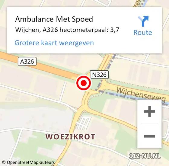 Locatie op kaart van de 112 melding: Ambulance Met Spoed Naar Wijchen, A326 hectometerpaal: 3,7 op 12 januari 2017 06:42