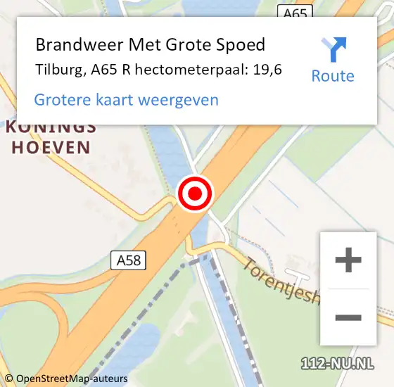 Locatie op kaart van de 112 melding: Brandweer Met Grote Spoed Naar Tilburg, A65 R hectometerpaal: 19,4 op 12 januari 2017 19:11