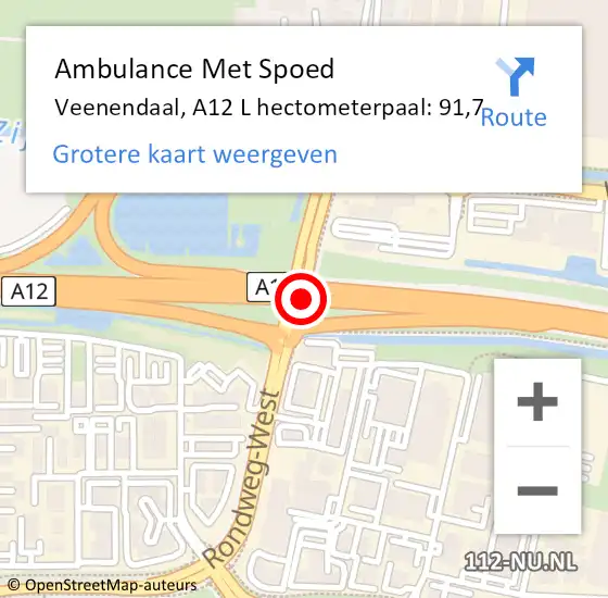 Locatie op kaart van de 112 melding: Ambulance Met Spoed Naar Veenendaal, A12 R hectometerpaal: 91,2 op 13 januari 2017 18:00