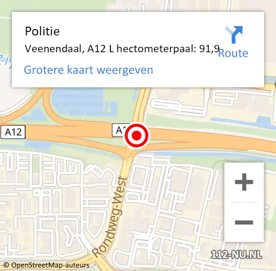 Locatie op kaart van de 112 melding: Politie Veenendaal, A12 R hectometerpaal: 91,2 op 13 januari 2017 18:05