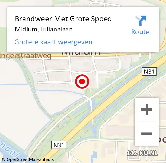 Locatie op kaart van de 112 melding: Brandweer Met Grote Spoed Naar Midlum, Julianalaan op 14 januari 2017 08:18