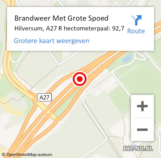 Locatie op kaart van de 112 melding: Brandweer Met Grote Spoed Naar Hilversum, A27 L hectometerpaal: 93,1 op 16 januari 2017 07:41