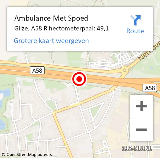 Locatie op kaart van de 112 melding: Ambulance Met Spoed Naar Gilze, A58 L hectometerpaal: 50,9 op 19 januari 2017 09:28