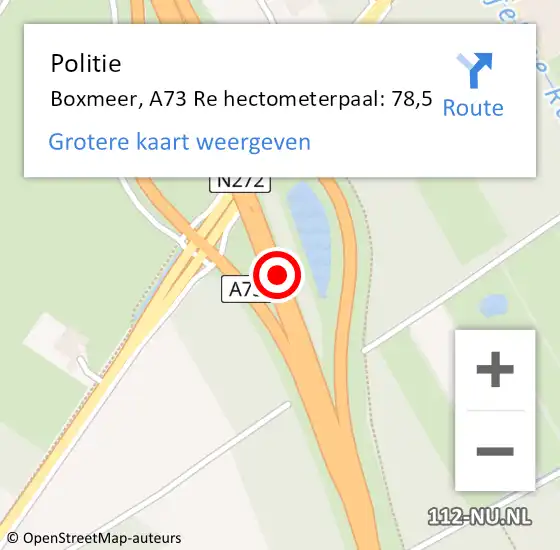Locatie op kaart van de 112 melding: Politie Boxmeer, A73 Li hectometerpaal: 79,4 op 19 januari 2017 09:29