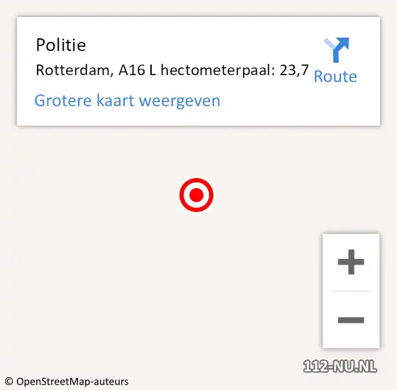 Locatie op kaart van de 112 melding: Politie Rotterdam, A16 L hectometerpaal: 23,7 op 19 januari 2017 23:52