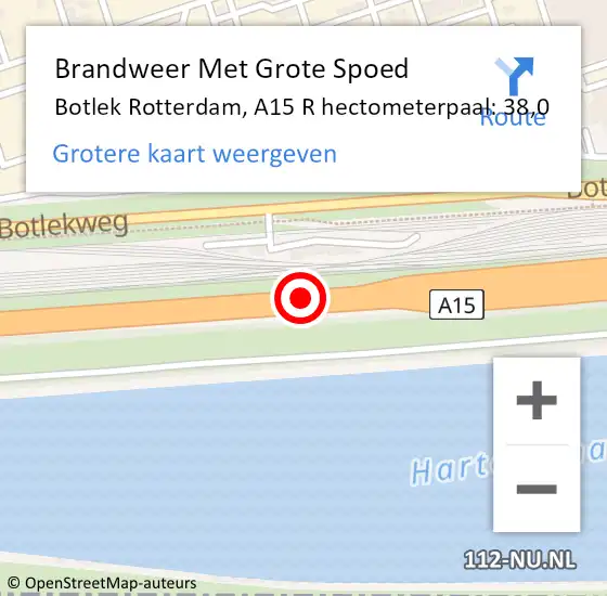 Locatie op kaart van de 112 melding: Brandweer Met Grote Spoed Naar Botlek Rotterdam, A15 R hectometerpaal: 38,0 op 19 januari 2017 23:58