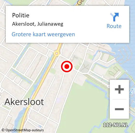 Locatie op kaart van de 112 melding: Politie Akersloot, Julianaweg op 20 januari 2017 20:04