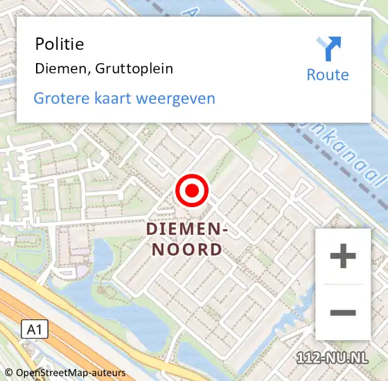 Locatie op kaart van de 112 melding: Politie Diemen, Gruttoplein op 25 januari 2017 14:24