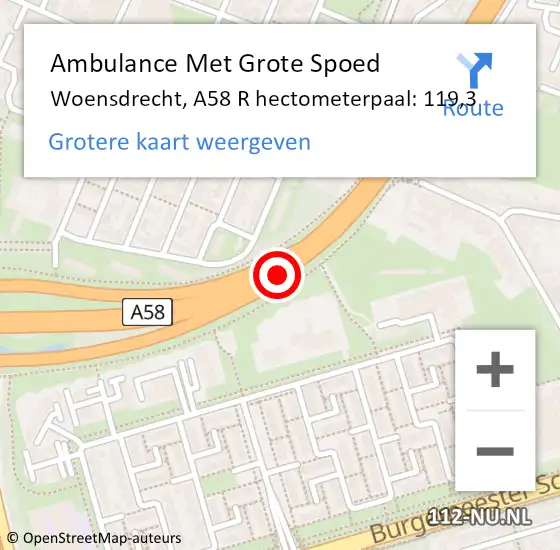 Locatie op kaart van de 112 melding: Ambulance Met Grote Spoed Naar Woensdrecht, A58 R hectometerpaal: 119,3 op 9 januari 2014 09:53