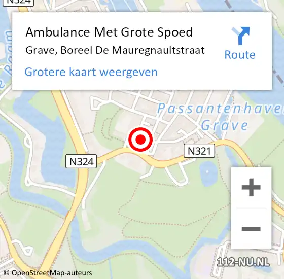 Locatie op kaart van de 112 melding: Ambulance Met Grote Spoed Naar Grave, Boreel De Mauregnaultstraat op 28 januari 2017 06:39