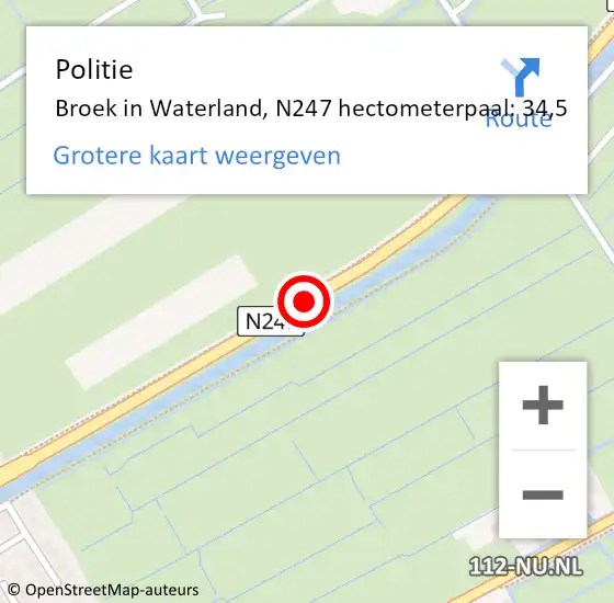 Locatie op kaart van de 112 melding: Politie Broek in Waterland, N247 hectometerpaal: 34,0 op 31 januari 2017 14:42