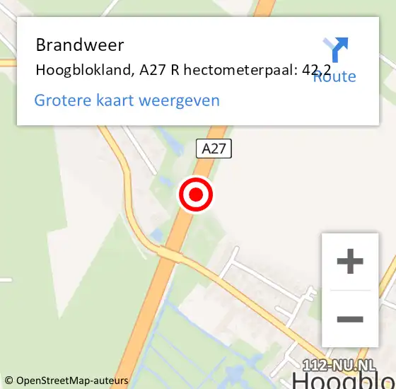 Locatie op kaart van de 112 melding: Brandweer Hoogblokland, A27 R hectometerpaal: 42,2 op 2 februari 2017 19:09