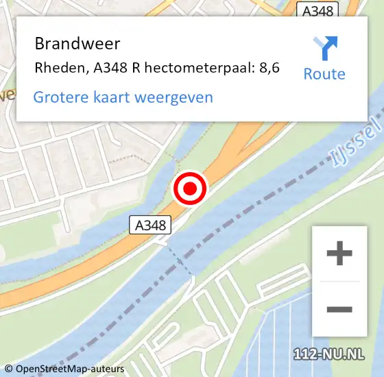 Locatie op kaart van de 112 melding: Brandweer Rheden, A348 R hectometerpaal: 8,6 op 3 februari 2017 16:39