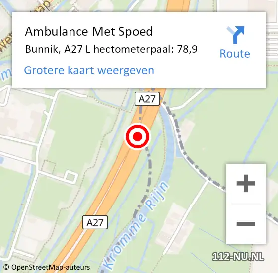 Locatie op kaart van de 112 melding: Ambulance Met Spoed Naar Bunnik, A27 L hectometerpaal: 78,9 op 3 februari 2017 17:38