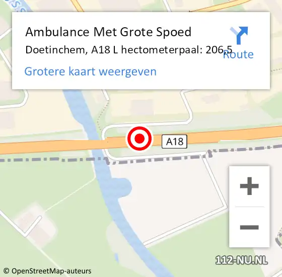 Locatie op kaart van de 112 melding: Ambulance Met Grote Spoed Naar Doetinchem, A18 L hectometerpaal: 206,5 op 3 februari 2017 18:19